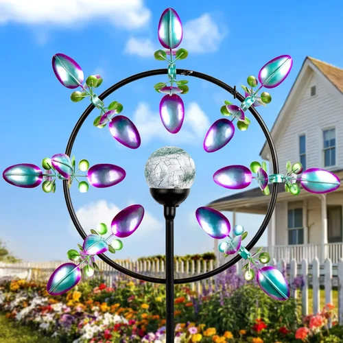 Vista 12 de Molinillo de viento solar grande de 83 pulgadas para exteriores, escultura de flor de tulipán de metal con bola de vidrio LED multicolor, arte