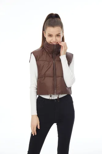 Vista 6 de Chaleco acolchado de invierno para mujer, cuello alto, ligero, sin mangas, chaleco acolchado