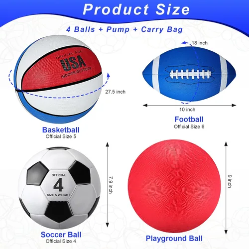 Vista 2 de Deekin Juego de 4 pelotas deportivas para niños y adolescentes, incluye tamaño oficial de baloncesto, fútbol, fútbol, patio de recreo, pelota