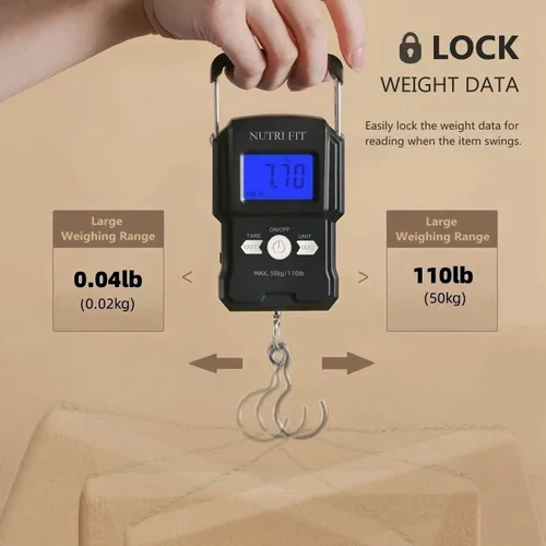 Vista 4 de NUTRI FIT Báscula de equipaje digital para maleta, báscula portátil para viajes, báscula de peso de pescado de mano con gancho para pesca, 110