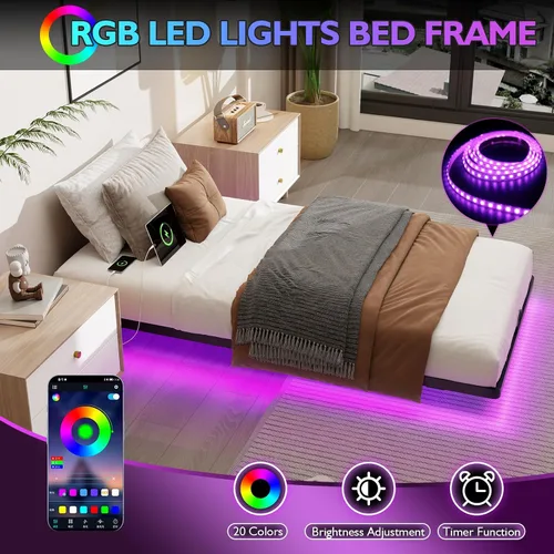 Vista 3 de Base de cama de metal flotante de tamaño individual con luces LED inteligentes y estación de carga, base de cama de plataforma de metal, no necesita