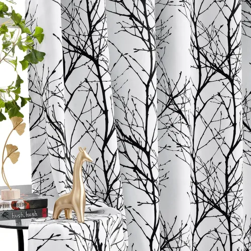 Vista 7 de FMFUNCTEX Cortinas 100% opacas para dormitorio, cortinas de ramas de árbol blanco y negro de 54 pulgadas de largo para sala de estar, cortinas