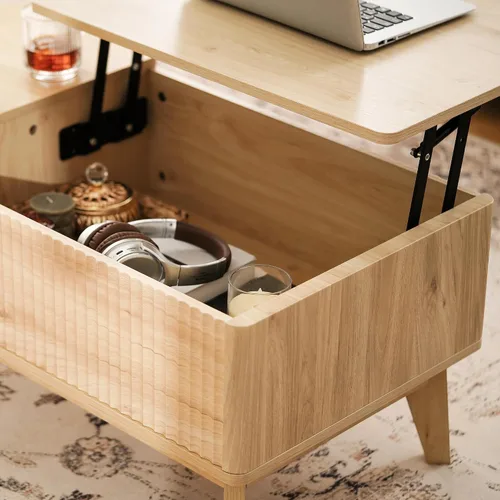 Vista 6 de LYNCOHOME Mesa de Centro con Tapa Elevable Acanalada con Almacenamiento, Mesa de Centro Moderna para Sala de Estar, Oficina en Casa (Natural)