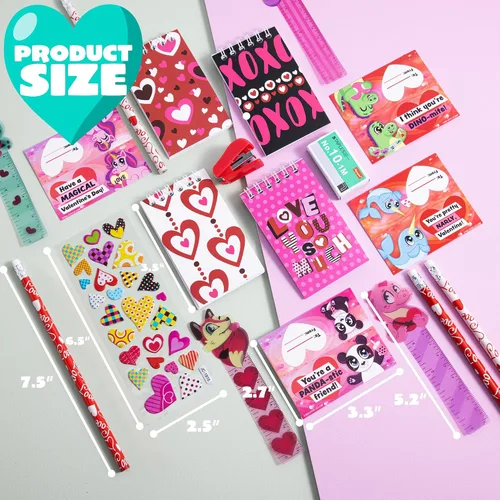 Vista 6 de JOYIN Juego de 28 artículos de papelería para el día de San Valentín con tarjeta de regalo para niños, incluye lápices, reglas, cuaderno