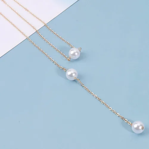 Vista 5 de Collar bohemio con caída en la espalda de perlas, cadena larga dorada, collar con telón de fondo de perlas, collar de boda, joyería para mujeres