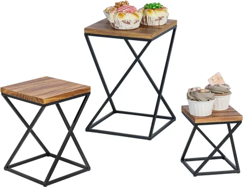 Vista 8 de MyGift Estantes para pizza, juego de 3 elevadores de alimentos para mesa de buffet, giratorios, geométricos, mate, de metal, apilables