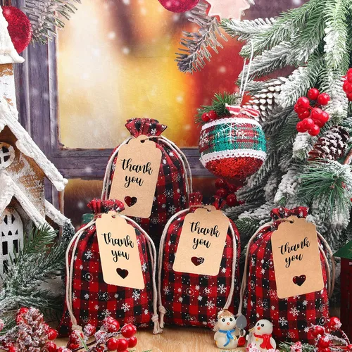 Vista 2 de Shappy 48 bolsas de Navidad con cordón, bolsas de dulces de arpillera a cuadros búfalo de Navidad, saco de golosinas de lino, obsequio para fiestas