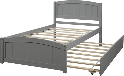 Vista 3 de Merax Cama de plataforma de madera con nido – Cama individual soporte de listones de madera, no necesita somier, gris