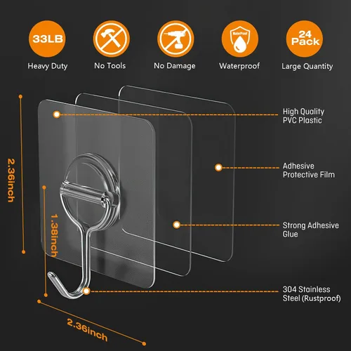 Vista 2 de Ganchos de Pared Adhesivos para Colgar de Servicio Pesado 33lb(Máx), Impermeables y Resistentes al Óxido Ganchos Autoadhesivos Transparentes