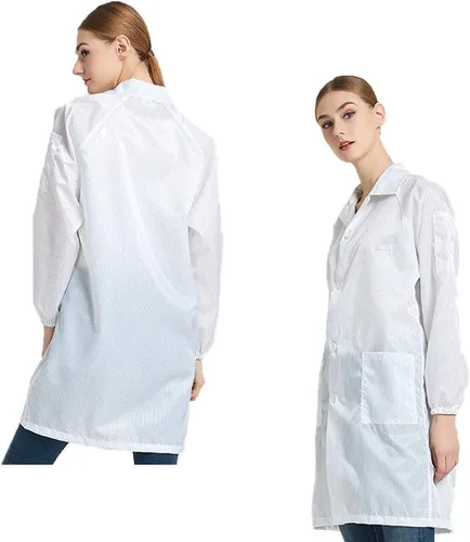 Vista 2 de ESD - Vestido de manga larga unisex antiestático para laboratorio no elástico ajuste cómodo uniforme de solapa pequeño blanco
