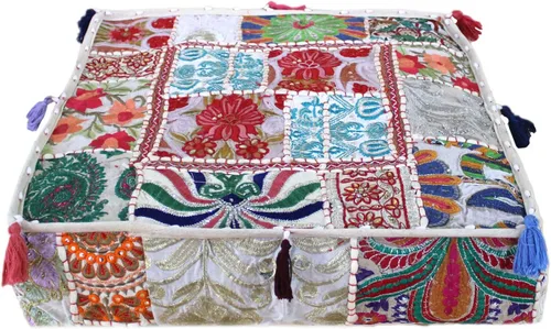 Vista 11 de CRAFT KALA Funda de Puf Tradicional de Retazos Cuadrada India Pufs de Sala de Estar India Otomana de Diseñador Bordada Decorativa Hogar Vida Rosa