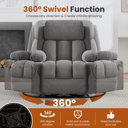 Vista 7 de Swivel Rocker Recliner Chair with Vibration Massage and Heat, Grey Fabric - 8 Massage Points, 2 Cup Holders, USB Port