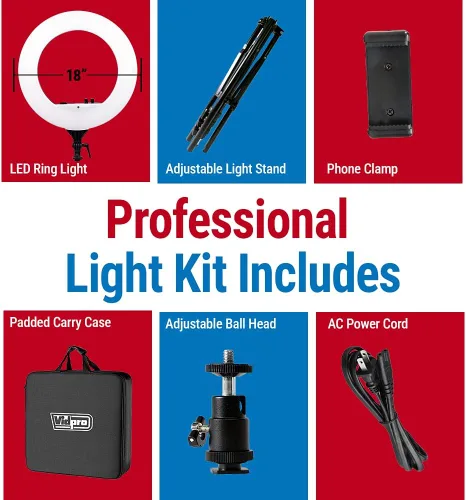 Vista 3 de Vidpro RL-18 Kit de luces LED de 18 pulgadas con soporte y funda, 55 W, regulable, 3200-5600 K, juego de anillos de control de color variable
