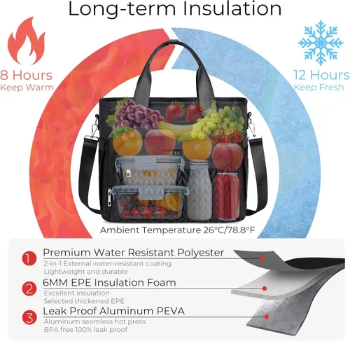 Vista 3 de AIJIEKE Lonchera térmica para hombres y mujeres, lonchera, bolsa de almuerzo para el trabajo, bolsa enfriadora grande a prueba de fugas con correa