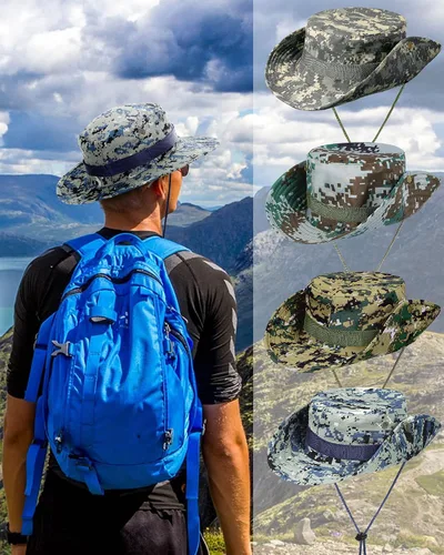 Vista 4 de 10 sombreros Boonie de ala ancha, diseño de camuflaje, protección solar UV, sombrero de pesca para hombres y mujeres, senderismo, safari, caza
