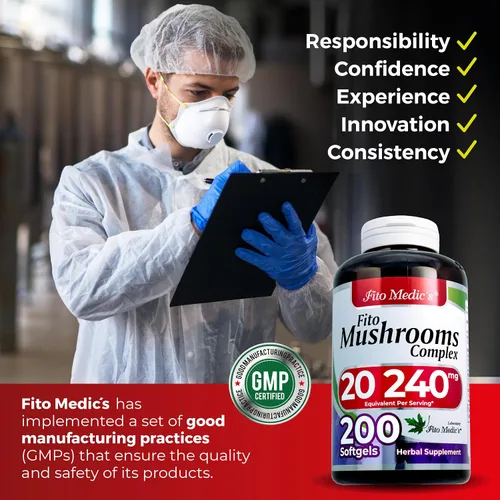 Vista 6 de FITO MEDIC'S Suplemento complejo de hongos de laboratorio, mezcla de 18 especies, 200 cápsulas blandas