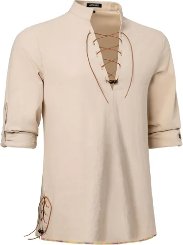 Vista 5 de Camisas de manga larga para hombre, estilo retro, con cordones para disfraz medieval, vikingo, hippie, Halloween, cosplay, pirata, renacentista