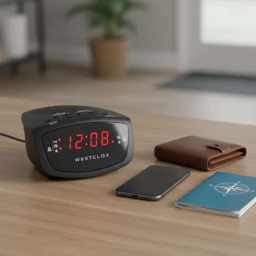 Vista 8 de Westclox Radio despertador dual de 0.6 pulgadas, pantalla LED roja, radio FM con 20 preajustes, brillo ajustable, repetición y batería de respaldo