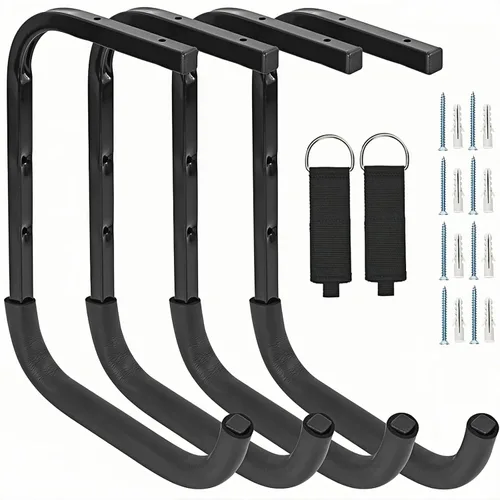 Vista 8 de 4 ganchos de garaje montados en el techo, estante de almacenamiento de garaje superior, perchas de escalera para herramientas de bicicleta de madera