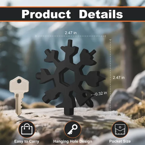 Vista 2 de Juego de Herramientas Multiusos en Forma de Copo de Nieve, 2 Pack - Multiherramienta de Acero Inoxidable 18 en 1 con Mosquetón, Abrebotellas