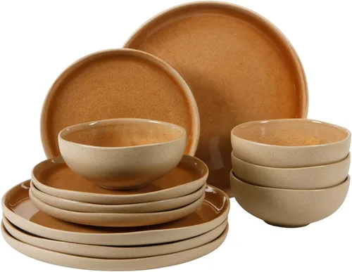 Vista 12 de Gibson Elite Peach Orchard - Juego de vajilla de porcelana de hueso de 12 piezas para 4, platos y cuencos estriados en relieve, apto