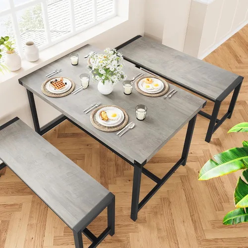 Vista 4 de Juego de mesa de comedor para 4 personas con 2 bancos, juego de mesa de cocina de 3 piezas, juego de comedor que ahorra espacio para cocina, Gris