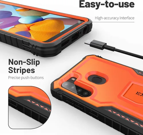 Vista 2 de ExoGuard Funda para Samsung Galaxy A21, funda de goma a prueba de golpes de cuerpo completo, protector de pantalla integrado y soporte compatible