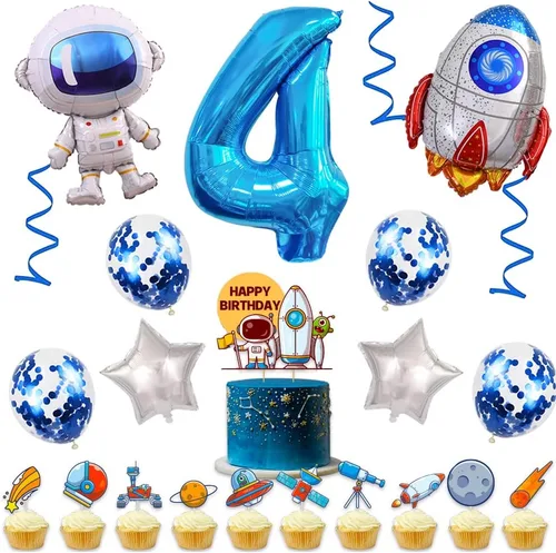 Vista 3 de Globos de cumpleaños de cohete de astronauta, globo de fiesta de espacio exterior, globos gigantes de papel de aluminio de 32 pulgadas, globo azul