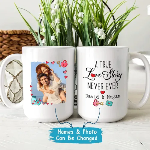 Vista 6 de A True Love Story Never Ever Taza, regalos de boda, regalos de pareja con foto personalizada para él y ella, taza de café con imagen de pareja, taza