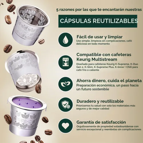 Vista 6 de Tazas K reutilizables de acero inoxidable para Keurig K-Crema, Supreme, 5 agujeros, paquete de 2 Food Grade 304 Refillable MultiStream Mesh Coffee