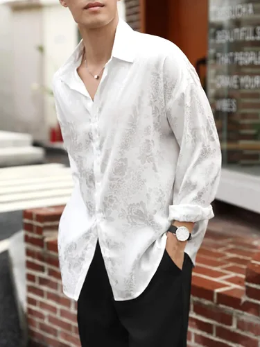 Vista 3 de OYOANGLE Camisa floral de manga larga con botones y cuello de solapa para hombre color liso