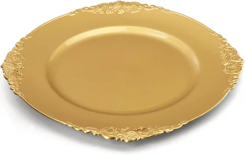 Vista 4 de Okllen Paquete de 12 Platos Base Dorados, Platos Base Redondos para Cena de 13" con Borde en Relieve para Catering, Boda, Decoración de Mesa
