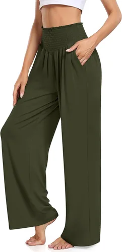 Vista 2 de TARSE Pantalones de yoga de pierna ancha para mujer, con volantes fruncidos, cintura alta, cómodos, pantalones de pijama, casuales, holgados