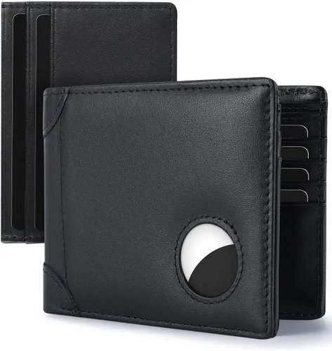 Vista 7 de Swallowmall AirTag Billetera para hombre con bloqueo RFID, de piel auténtica, plegable, para AirTag con 1 ventana de identificación, 13 tarjeteros