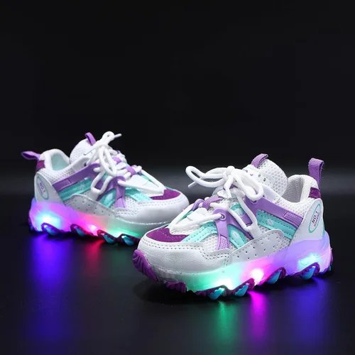 Vista 2 de Zapatos de vestir ajustables para caminar para bebés y niñas zapatos deportivos luminosos zapatos de bebé ligeros con brillo morado 12-18 meses