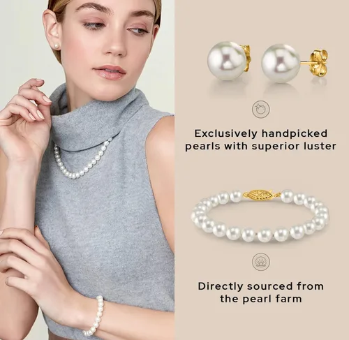 Vista 4 de The Pearl Source Juego de joyas de perlas de oro de 14 quilates para mujer, juego de collar y aretes de perlas de agua dulce con pulsera de perlas