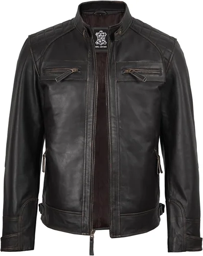 Vista 3 de fjackets Chaquetas de cuero para hombre de piel de cordero real - acolchado Cafe Racer Zip Up Moto Style Chaqueta de cuero para hombre