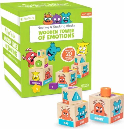 Vista 2 de Open The Joy Torre de emociones de madera - Juguete de aprendizaje emocional apilable para niños pequeños 5 bloques de cara de emoción + 5 bloques