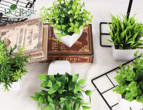 Vista 3 de Der Rose Paquete de 6 plantas artificiales pequeñas en macetas para el hogar, dormitorio, sala de estar, decoración interior (verde) Green