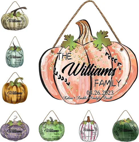 Vista 2 de Colgante decorativo de calabaza de otoño con 1-10 nombres, colgante familiar de calabaza personalizada para puerta delantera, porche, patio