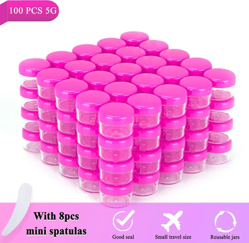 Vista 5 de 100 piezas de 5 gramos de envases de muestra, tarros vacíos de 5 ml con tapas, envases cosméticos pequeños, tarros de muestra mini con 8 piezas