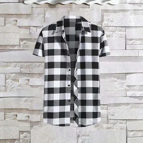 Vista 2 de Camisas de manga corta con botones para hombre, de algodón, a cuadros, ajuste regular, camisas casuales con botones y bolsillo
