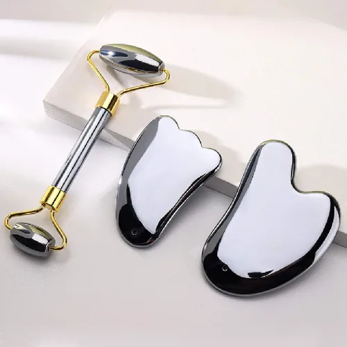 Vista 8 de HOTACE Juego de rodillos faciales y Gua Sha de terahercios naturales, juego de rodillos faciales de piedra energética para el cuidado de la cara