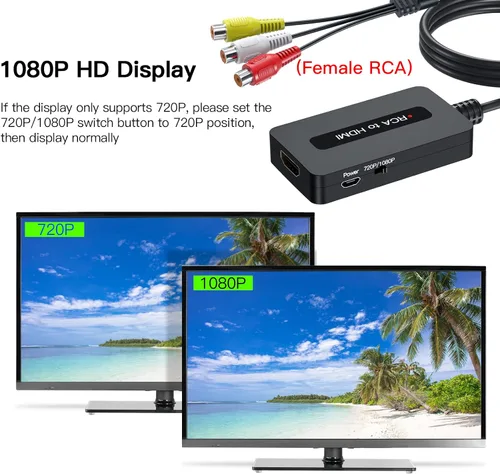 Vista 7 de Convertidor de cable RCA a HDMI hembra con cables HDMI y RCA, convertidor compuesto AV a HDMI CVBS, interruptor de salida Full HD 720P/1080P