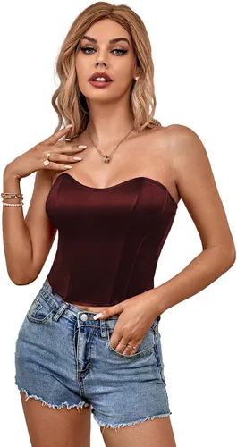 Vista 5 de LYANER Blusa sexy de satén con cuello de corazón para mujer, sin tirantes, corsé