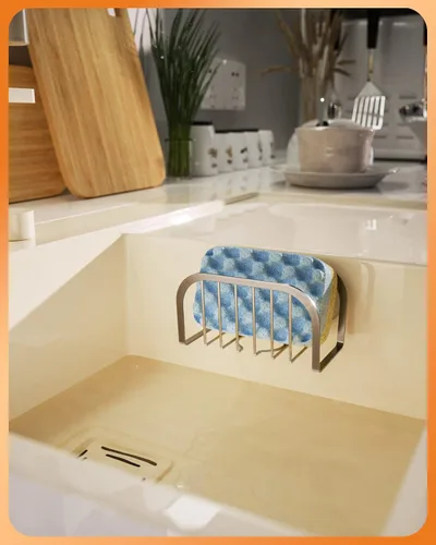 Vista 8 de SWTYMIKI Soporte de esponja para fregadero de cocina, soporte de esponja de fregadero móvil con ventosas de acero inoxidable para fregadero de acero