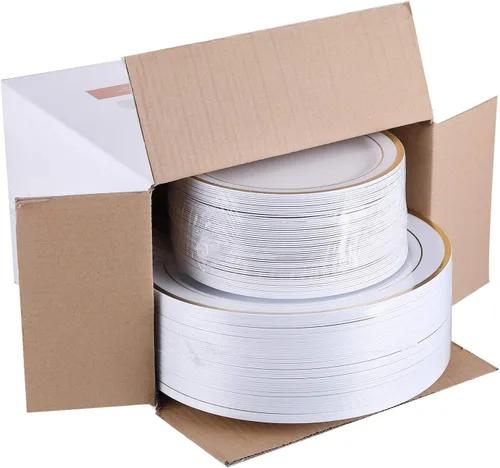 Vista 7 de FOCUSLINE Juego de 120 platos de plástico, platos desechables con borde Platos de plástico dorados