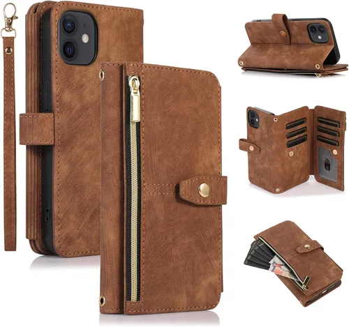 Vista 15 de UEEBAI Funda tipo cartera para iPhone 11 de 6.1 pulgadas, 9 ranuras para tarjetas retro con bolsillo con cremallera, cierre magnético, función atril