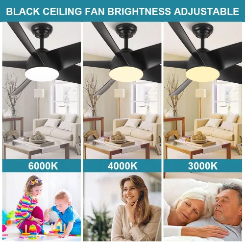 Vista 2 de Ventiladores de techo negros con luces y control remoto, ventilador de techo de perfil bajo de 5 aspas de 60 pulgadas, modernos ventiladores