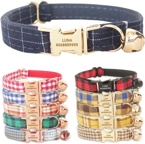Vista 14 de PETDURO Collares de gato a cuadros personalizados hechos a mano con campana y hebilla de metal grabada con nombre personalizado para gatos lindos